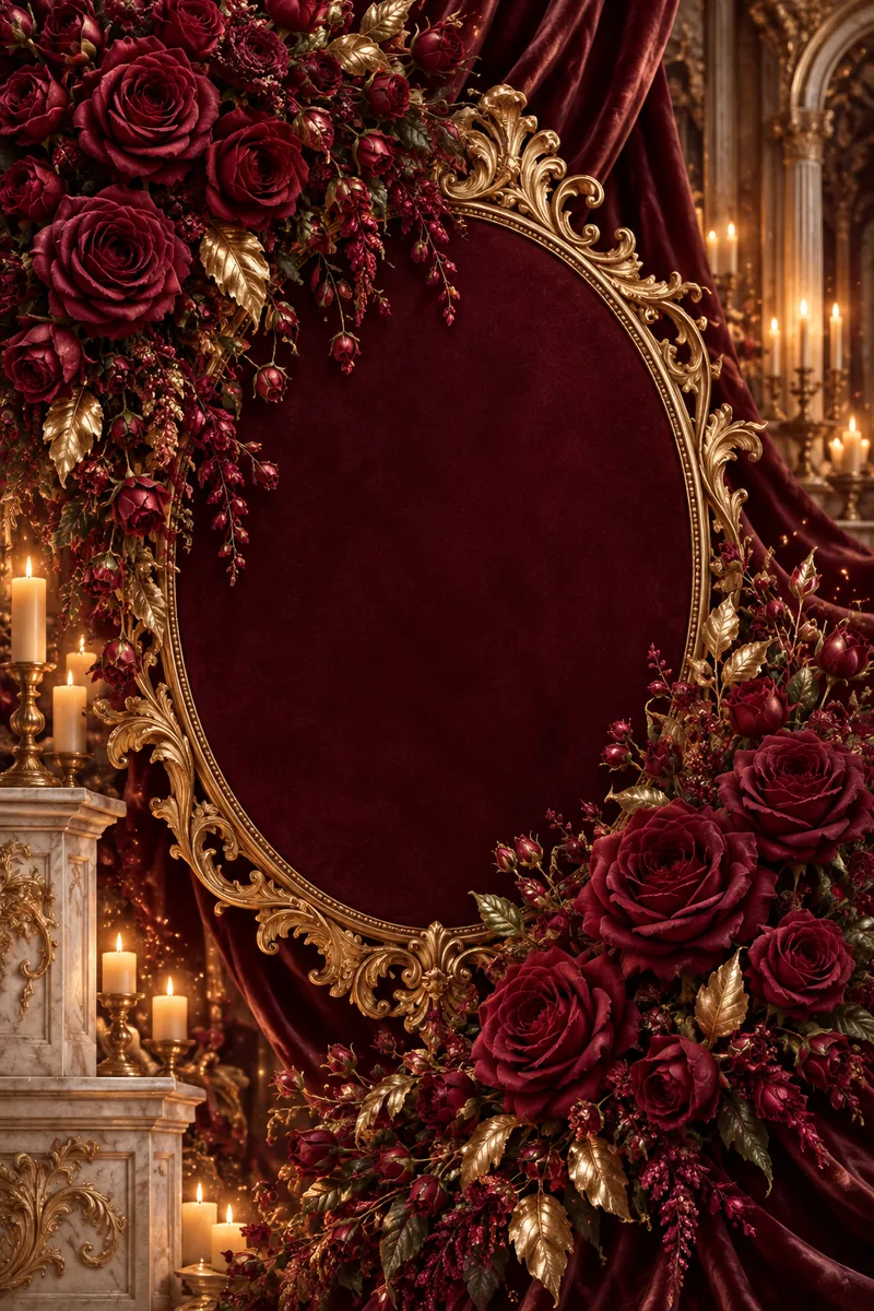 Composición de rosas borgoña, terciopelo y filigranas doradas