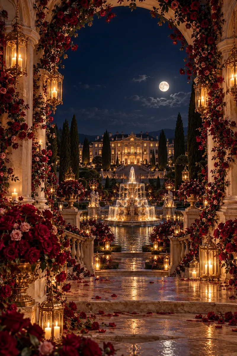 Jardín imperial nocturno con rosas vino, fuentes y luces doradas