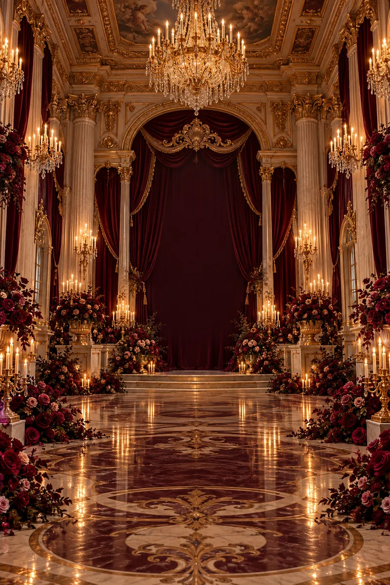 Gran salón palaciego iluminado por candelabros