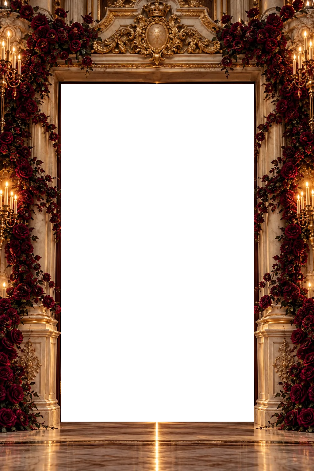 Portal imperial con columnas doradas y rosas borgoña